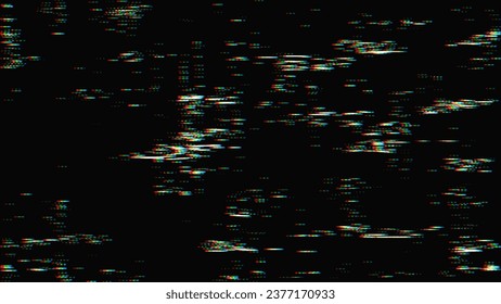 Fondo del efecto de pantalla brillante colorido. Resumen de puntos de píxeles digitales error de brillo de ruido. Efecto de superposición VHS CRT. Fondo de superposición de daños por vídeo. Ilustración vectorial.