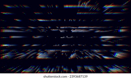 Fondo del efecto de pantalla brillante colorido. Resumen de puntos de píxeles digitales error de brillo de ruido. Efecto de superposición VHS CRT. Fondo de superposición de daños por vídeo. Ilustración vectorial.