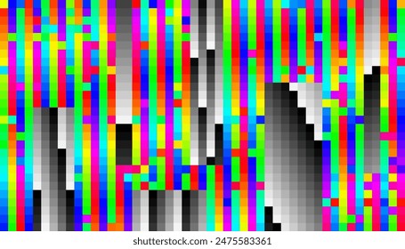 Colorful Glitch Screen Effect Background. Abstract Digital Pixel Dots Noise Glitch Error. Overlay Texture Pixel Sorting Effect Illustration. Modern Sci-Fi Game Vector Background.