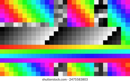 Colorful Glitch Screen Effect Background. Abstract Digital Pixel Dots Noise Glitch Error. Overlay Texture Pixel Sorting Effect Illustration. Modern Sci-Fi Game Vector Background.