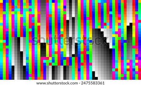 Colorful Glitch Screen Effect Background. Abstract Digital Pixel Dots Noise Glitch Error. Overlay Texture Pixel Sorting Effect Illustration. Modern Sci-Fi Game Vector Background.