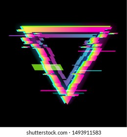 Colorful glitch triangle geometric shape, frame with neon glitch effect on black background, vector illustration
