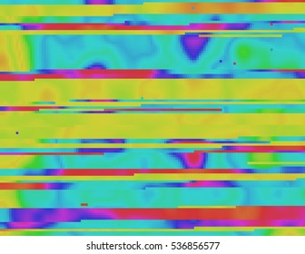 Colorful glitched background in a psychedelic rave aesthetic. Contemporary abstract vector illustration. Corrupted pixel image structure. Collapsing data due the signal error. Element of design.