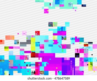 Colorful glitched shapes. Decorative layer for effect of corrupted image. Random digital signal error. Abstract contemporary background made of acid pixel mosaic. Element of trendy design.