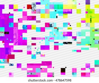 Colorful glitched shapes. Decorative layer for effect of corrupted image. Random digital signal error. Abstract contemporary background made of acid pixel mosaic. Element of trendy design.