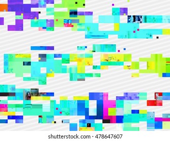 Colorful glitched shapes. Decorative layer for effect of corrupted image. Random digital signal error. Abstract contemporary background made of acid pixel mosaic. Element of trendy design.