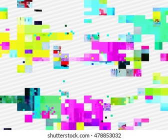 Colorful glitched shapes. Decorative layer for effect of corrupted image. Random digital signal error. Abstract contemporary background made of acid pixel mosaic. Element of trendy design.