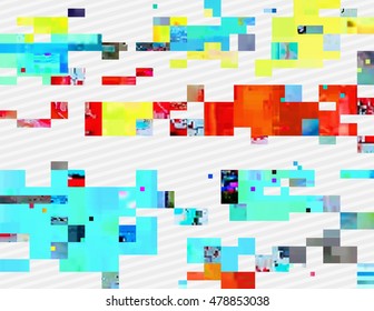 Colorful glitched shapes. Decorative layer for effect of corrupted image. Random digital signal error. Abstract contemporary background made of acid pixel mosaic. Element of trendy design.