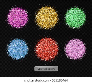 Colorful glitter background. Vector illustration. Colorful glitters - pink, red, gold, blue, green. Dark transparent background. Shimmer glitters.