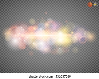 Colorful glitter bokeh lights and tinsel. Shining star, solar particles, space and spark a flare effect on a transparent background