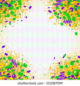 Colorful glitter, confetti and beads explosion in traditional Mardi Gras colors. Bright yellow, green and purple particles on rhombus background. Vector illustration for your graphic design.