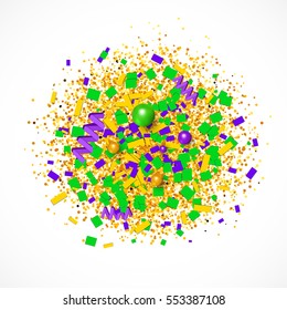 Colorful glitter, confetti and beads explosion in traditional Mardi Gras colors. Bright yellow, green and purple particles on white background. Vector illustration for your graphic design.