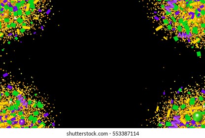 Colorful glitter, confetti and beads explosion in traditional Mardi Gras colors. Bright yellow, green and purple particles on black background. Vector illustration for your graphic design.