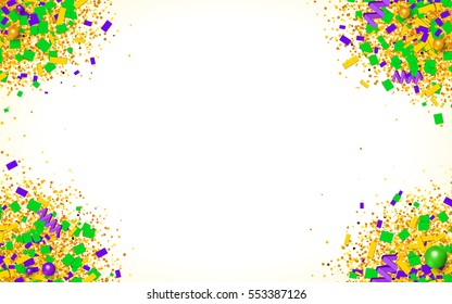 Colorful glitter, confetti and beads explosion in traditional Mardi Gras colors. Bright yellow, green and purple particles on white background. Vector illustration for your graphic design.