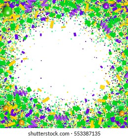 Colorful glitter, confetti and beads explosion in traditional Mardi Gras colors. Bright frame with yellow, green and purple particles on white background. Vector illustration for your graphic design.