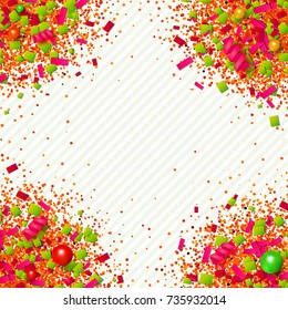 Colorful glitter, confetti and beads explosion frame with traditional Christmas colors. Red, green and golden particles on white background. Christmas vector illustration for your graphic design.