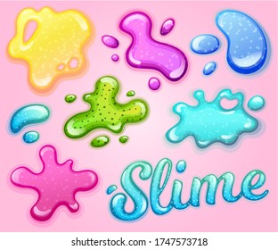 Colorful glitter slime blobs vector illustration set. Girly goo stains collection on pink background. Fun game for children