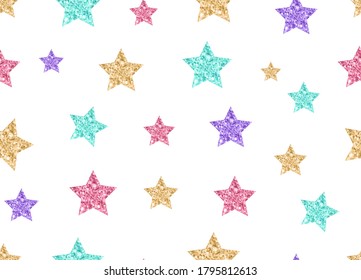 Colorful glitter stars on white background. Seamless vector illustration. Use for printing, posters, T-shirts, textile drawing, wrapping, print pattern. Other stars backgrounds in my collection.