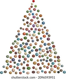 Colorful, glittering balls comprising triangular shape, like a Xmas tree symbol, amongst snow ball like white snow flakes