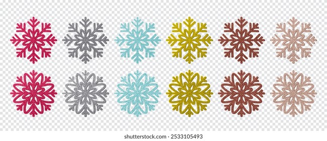 Conjunto de flocos de neve brilhante colorido. Ilustração isolada de vetor, elementos de inverno para desenhos de Natal