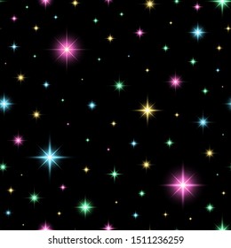 Colorful glittery cosmos seamless pattern. Shimmering texture with four color star, on black isolated background.