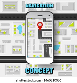 Colorful global positioning system concept with GPS navigator on mobile and city navigation map background. Vector illustration
