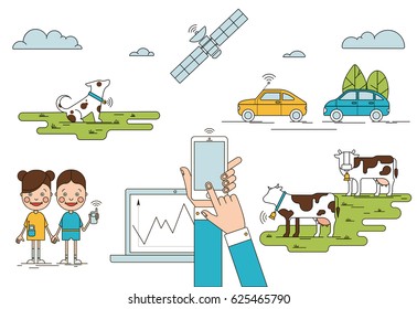 Colorful global positioning system concept with mobile laptop children holding phones cows dog cars satellite isolated vector illustration