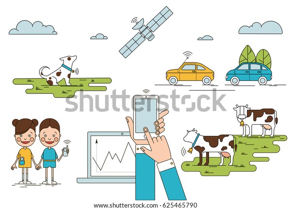 Colorful global positioning system concept\
with mobile laptop children holding phones cows dog cars satellite\
isolated vector\
illustration