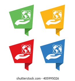 Colorful Globe Earth Map Holding in Hand Vector Flat Icon. CSR World Ecology Protection Symbol Concept Sign Logo