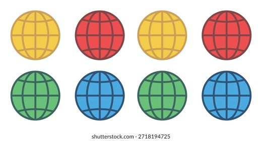 Conjunto de iconos de cuadrícula de globo colorido, Ilustración vectorial plana de símbolos de esfera de planeta terrestre en colores amarillo, rojo, verde y azul para la red global, la comunicación mundial y los negocios internacionales aislados sobre fondo blanco.