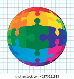 Colorful globe puzzle vector isolated on blue square grid with white background.