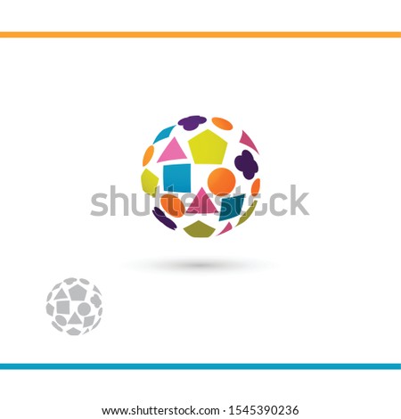 Colorful globe with shapes. Logo for school, kindergarden or toys. Watermark vesion. Vector logo design template