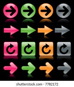 Colorful, glossy arrows reflected on black