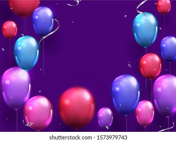 Colorful Glossy Balloons with Silver Confetti Ribbon Decorated on Purple Background.