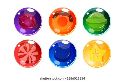 Colorful glossy balls set, shiny spheres with candies, fruits and berries inside, user interface assets for mobile apps or video games vector Illustration