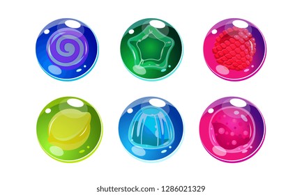 Colorful glossy balls set, shiny spheres with candies and fruits inside, user interface assets for mobile apps or video games vector Illustration