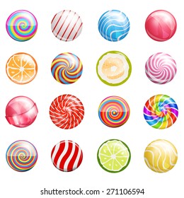 Colorful glossy bright lollipops illustrations. Vector icon set