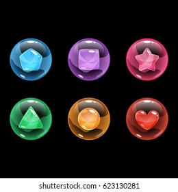 Colorful glossy bubbles with different shapes same colors inside. Vector assets for game design isolated on black background.