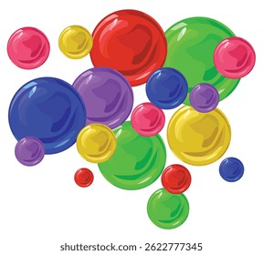 Coloridas burbujas brillantes o dulces, píldoras redondas dispersas. Complejo de vitaminas y minerales. Círculos de caramelo aislados sobre fondo blanco. Vector