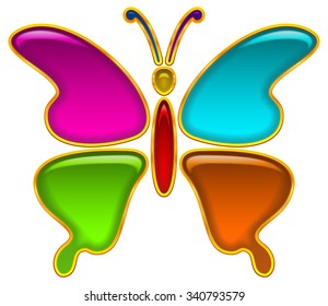 Colorful Glossy Button in Shape of Butterfly with Multicolored Details and Golden Frames, Computer Icon for Web Design. Eps10, Contains Transparencies. Vector