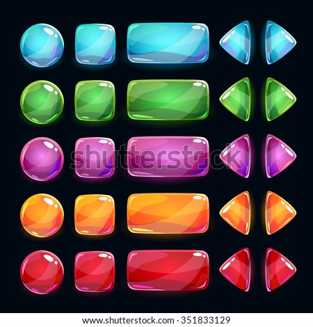 Colorful glossy buttons set on dark background, vector assets for game or web design