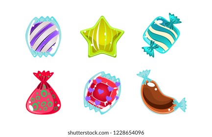 Colorful glossy candies of different shapes, user interface assets for mobile apps or video games vector Illustration on a white background