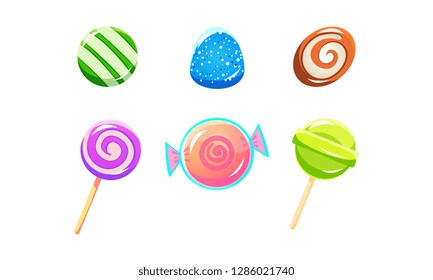 Colorful glossy candies and lollipops set, sweets of different shapes, user interface assets for mobile apps or video games vector Illustration