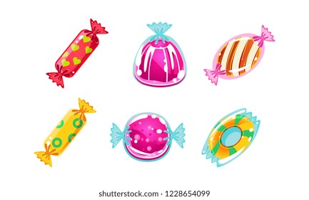 Colorful glossy candies set, sweets of different shapes, user interface assets for mobile apps or video games vector Illustration on a white background