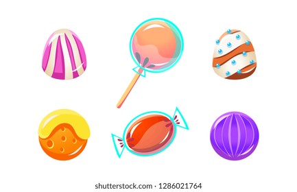 Colorful glossy candies set, sweets of different shapes, user interface assets for mobile apps or video games vector Illustration