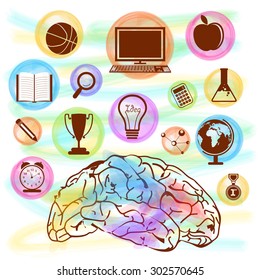 Colorful glossy creative educational elements with illustration of a brain.