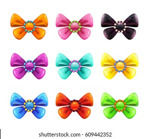 Colorful glossy decorative bows set. Vector icons, isolated on white background.