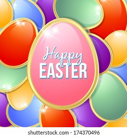 Colorful and glossy Easter eggs greetings card template
