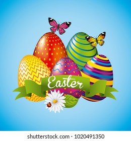 colorful glossy eggs easter butterflies celebration set