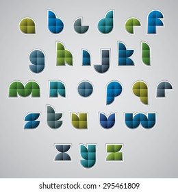 Colorful glossy geometric smooth comic font, rounded letters with white outline.